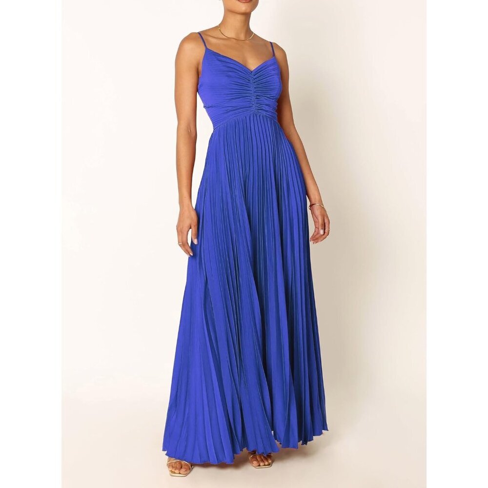 Women's A-blue Polyester Pleated Adjustable Spaghetti Strap Maxi Dress - Picture 4 of 4